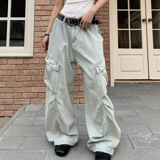 Retro Workwear Large Pocket Jeans Loose Straight Wide Leg Pants