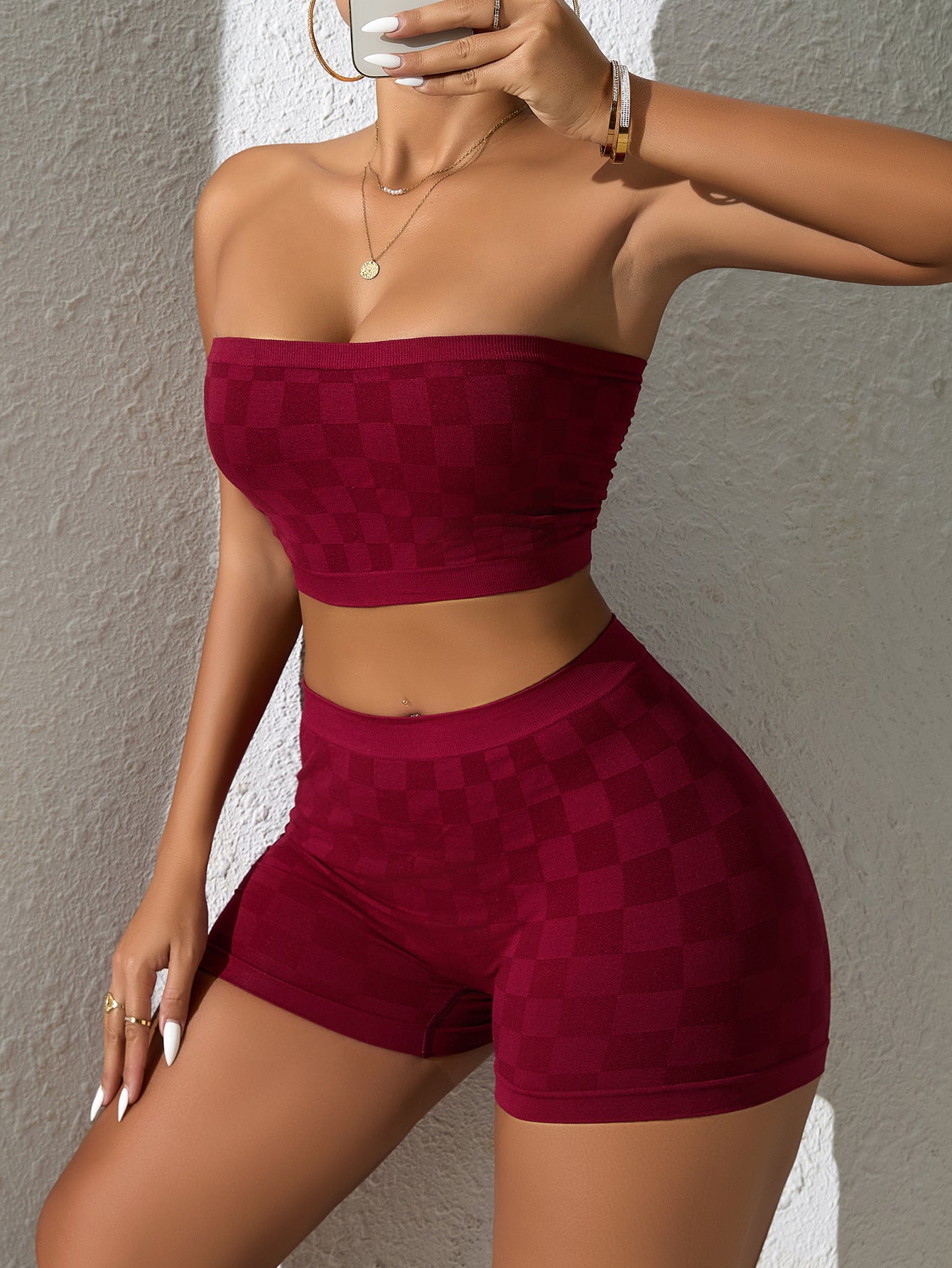Grid Word Wrap Bandeau And Boxer Shorts Set