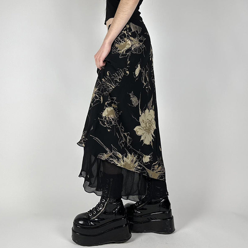 Women's Vintage Tie-dyed Floral Printed Mesh Skirt