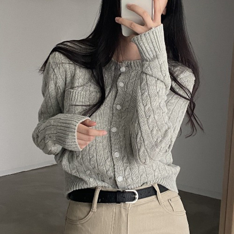 Korean Ins Casual Hemp Pattern Long Sleeve Knitted Sweater Cardigan