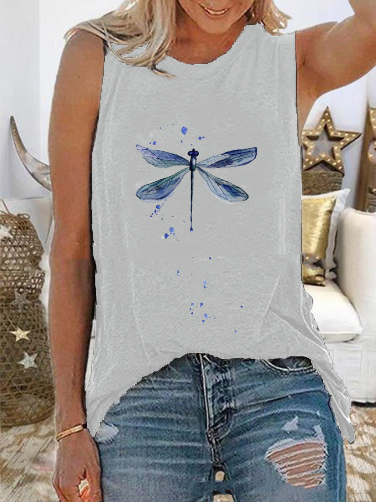 European And American New Dragonfly Print Sleeveless Vest