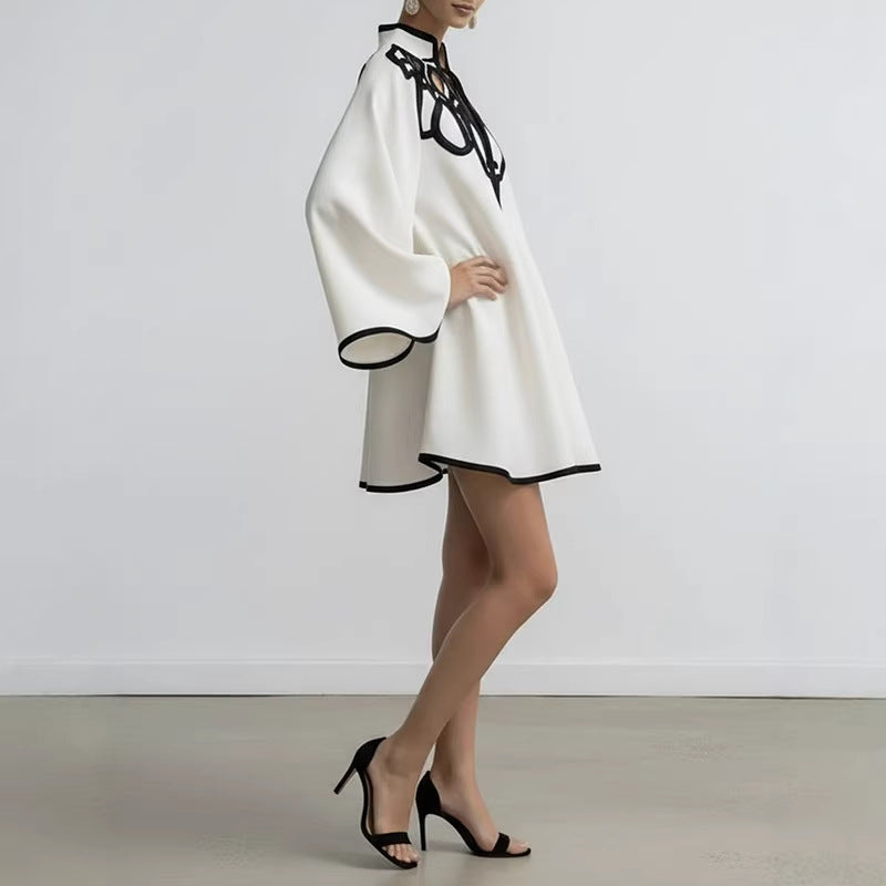 Loose-fitting Color-block V-neck Fashion Dress With Lace Trim