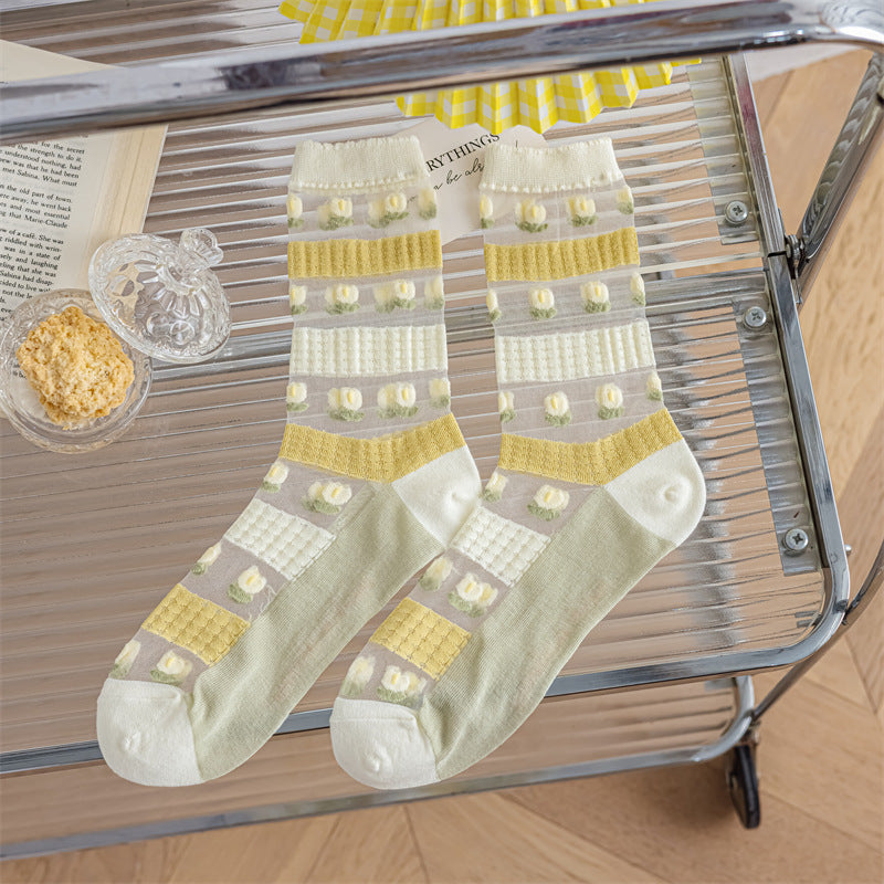 Tulip Yellow Green System Glass Silk Pile Women's Socks