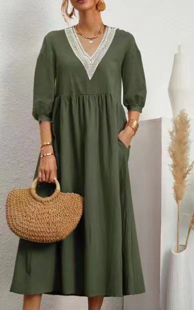 Solid-color Lantern-sleeve Loose Lace Dress