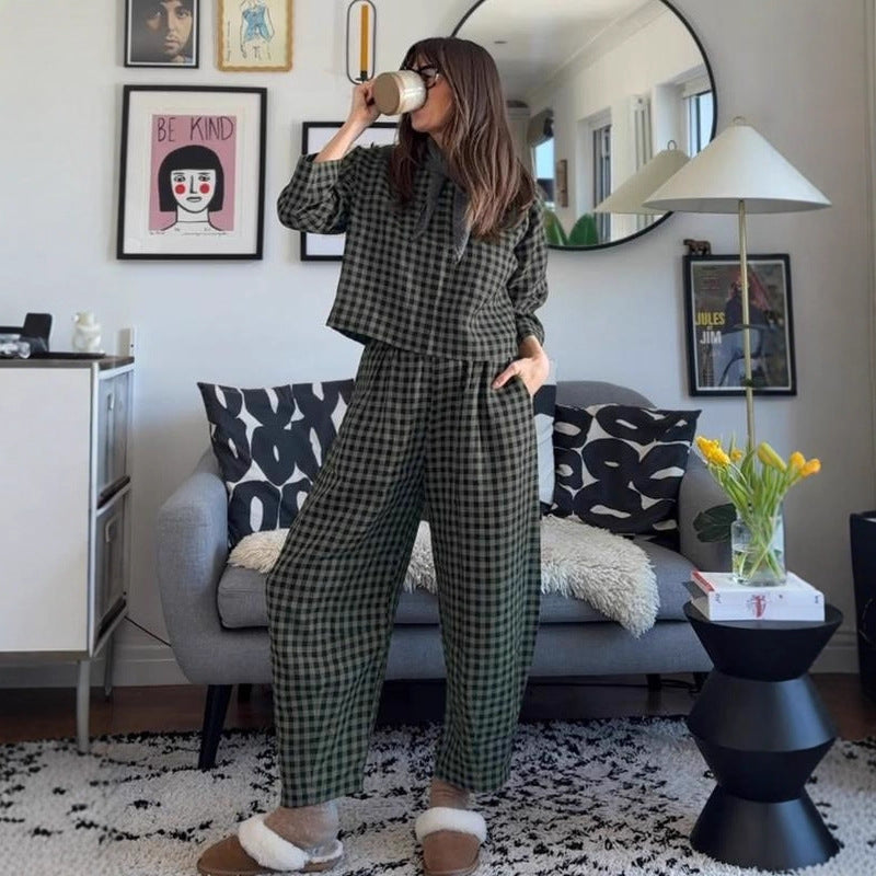 Loose And Breathable Grid Long-sleeve Vest And Pants Set
