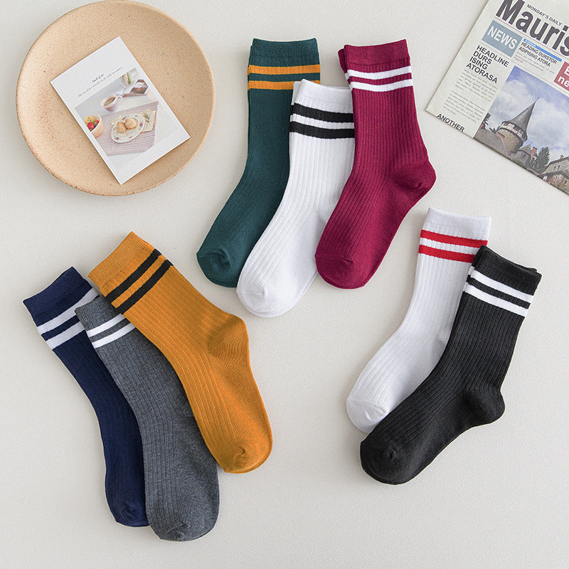 Mid-calf Length College Style Parallel Bars Trendy Retro Women's Striped Socks