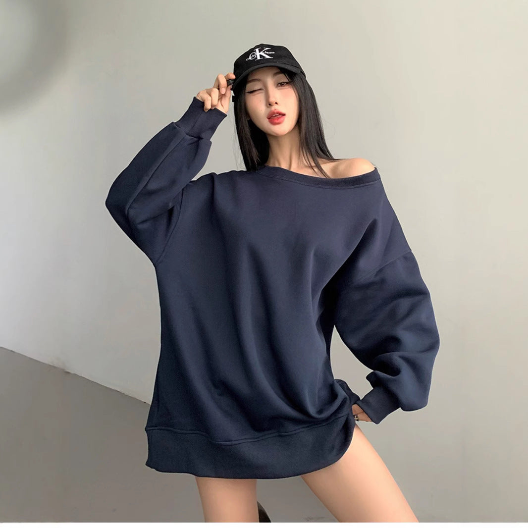 Efterår og Vinter Amerikansk Sweater Kvinder Design Off-shoulder Løs Casual