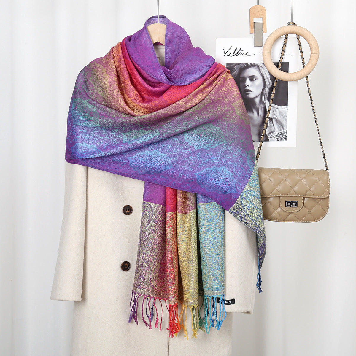 Womens Ethnic-Style Gradient Embroidered Colorful Cashew Tassel Shawl