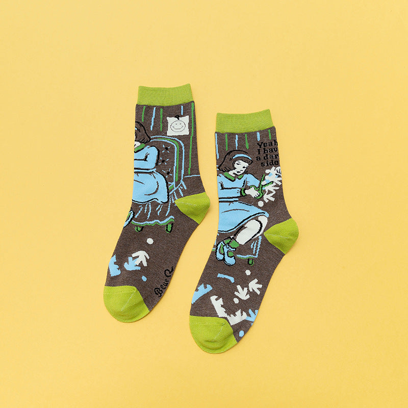Personality Contrast Color Graffiti Women's Tube Socks Street Style Fashion Cotton Socks