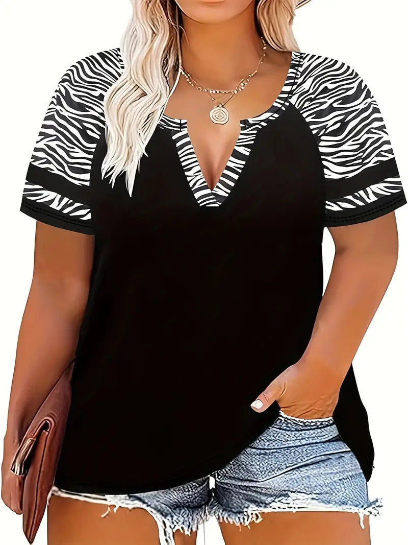 Leopard Print Printed V-neck Women's Versatile Casual Slim-fit Short Sleeve