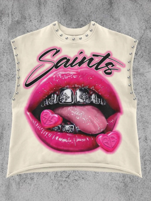 Nostalgic Lip Print Studded Casual Vest