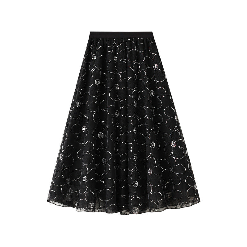 Women's Lace Skirt Sequin Large Flower A- Line Skirt