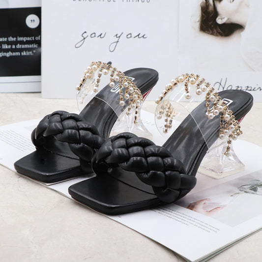 Black Chunky Woven One-line High-heeled Sandals