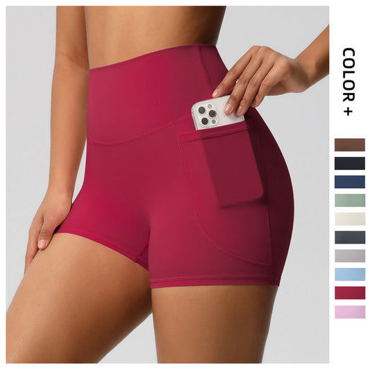 Womens Pockets Yoga Shorts Summer Three-Quarter Peach-Colored Yoga Shorts