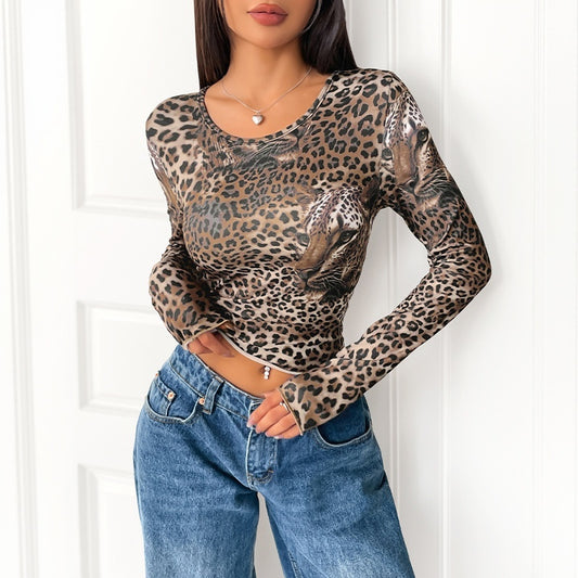 Vintage langærmet T-shirt med leopardprint til kvinder