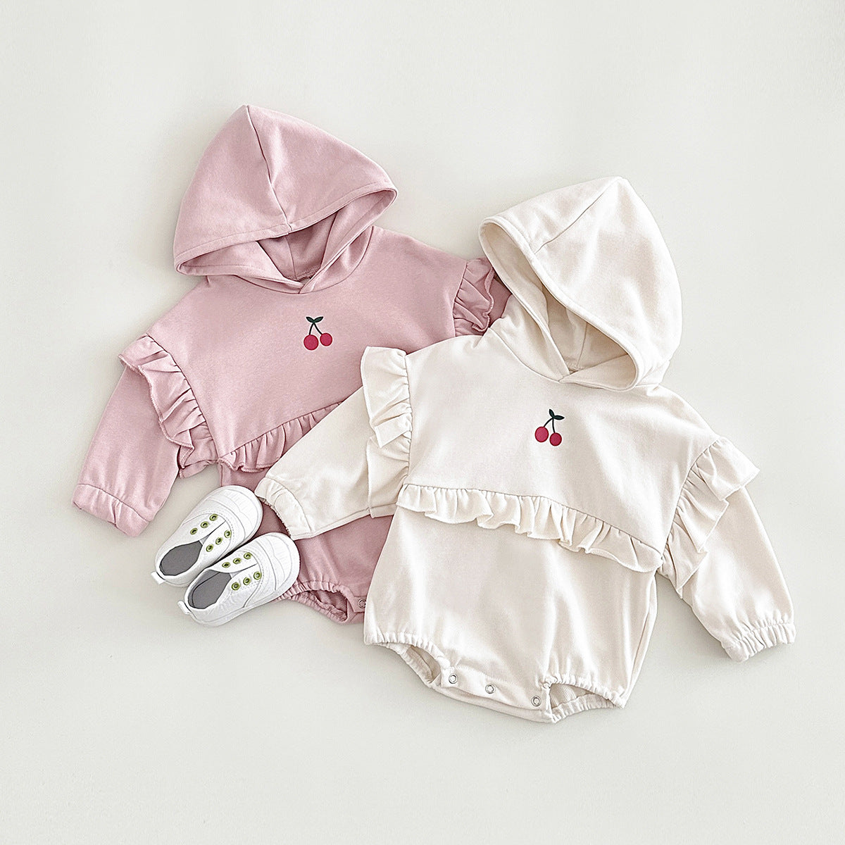 Baby Girl Sweet Cherry Embroidered Long Sleeve Hooded Crawling Suit Jumpsuit