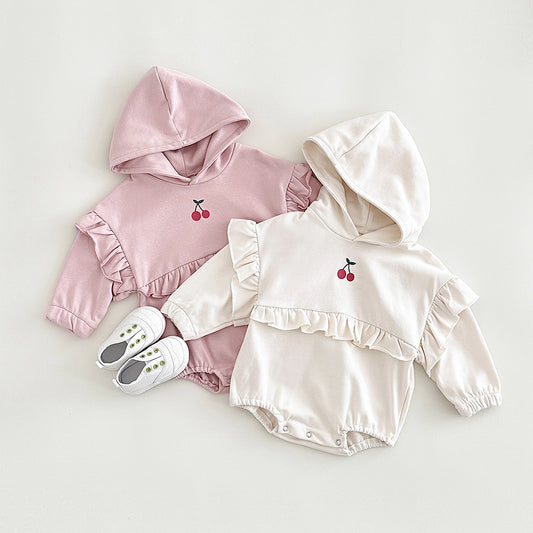 Baby Girl Sweet Cherry Embroidered Long Sleeve Hooded Crawling Suit Jumpsuit
