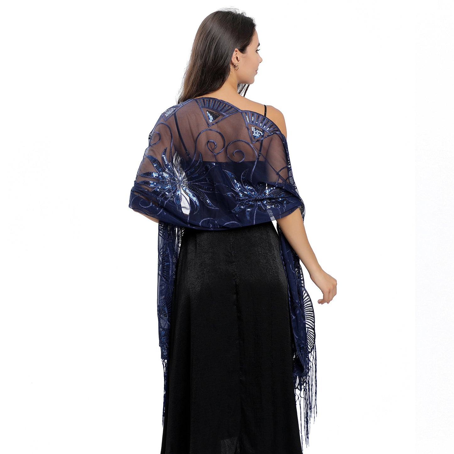 Long Sequined Embroidered Feather Shawl