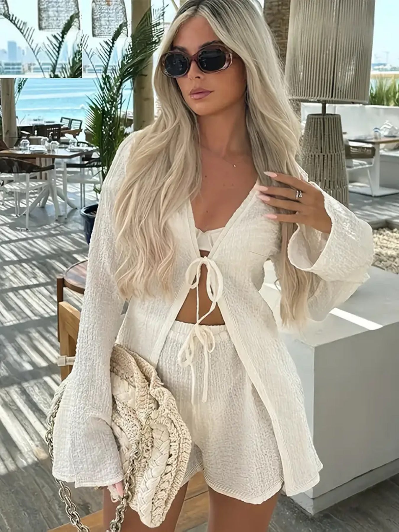 Resort-style Relaxed Set Tie-front Top With Elastic Waist