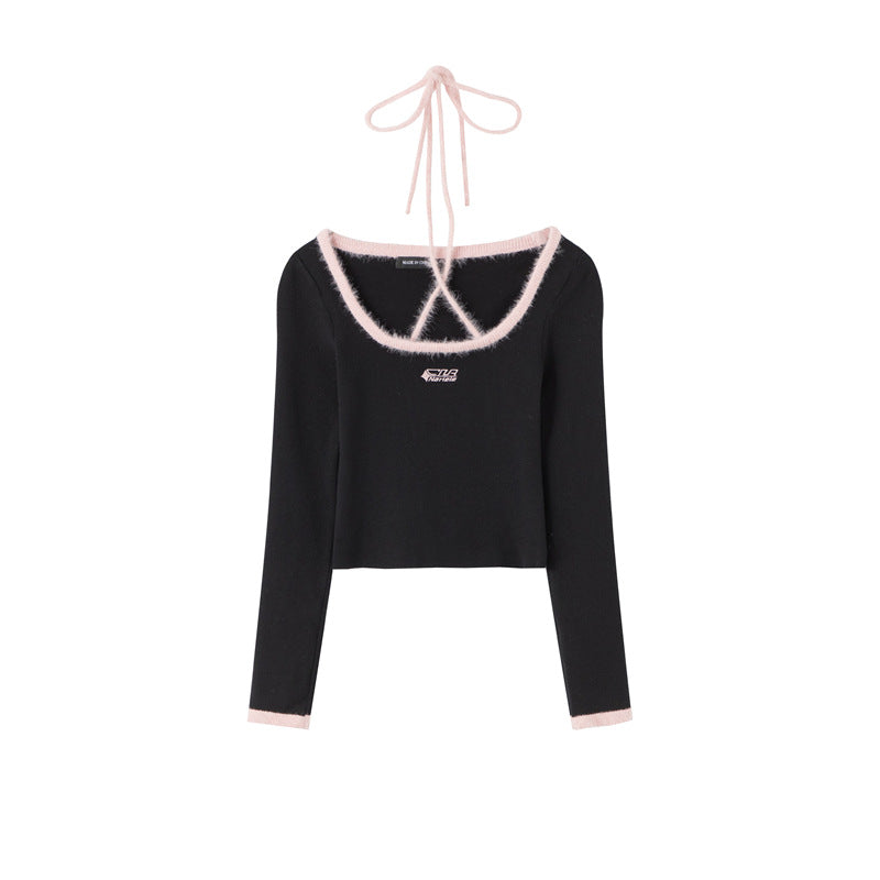Japanese Niche Hanging Neck Lace-up Knitted Shirt Autumn And Winter Slim