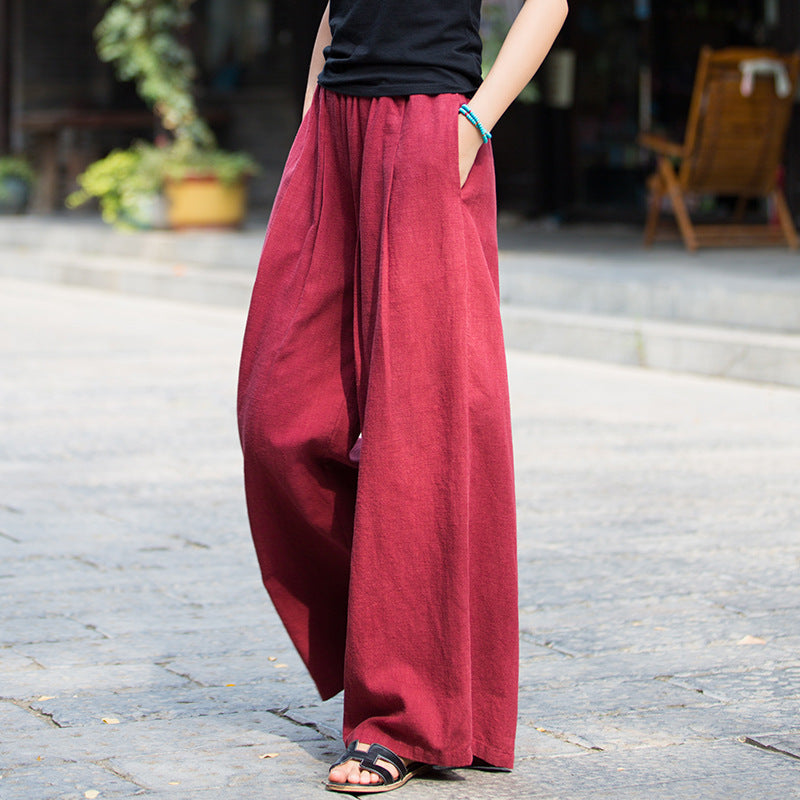 Kvinders bomuld- og hørstonewashed kunstneriske all-match wide leg bukser