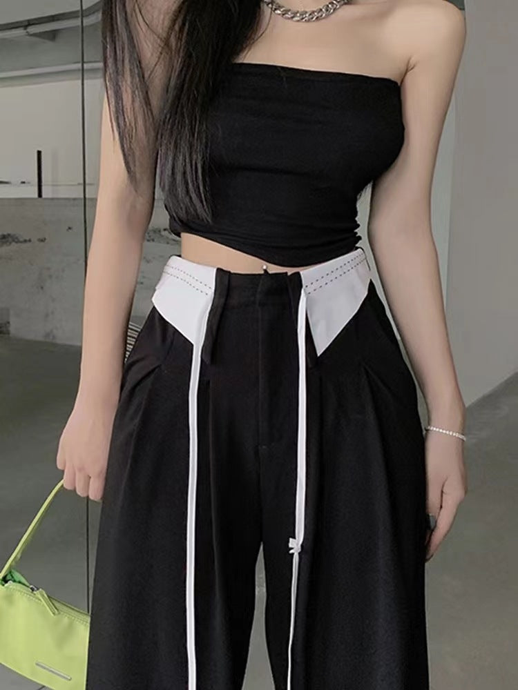High-waist Design Cuffed Lace Up Loose Thin Sagging Wide Back Pants