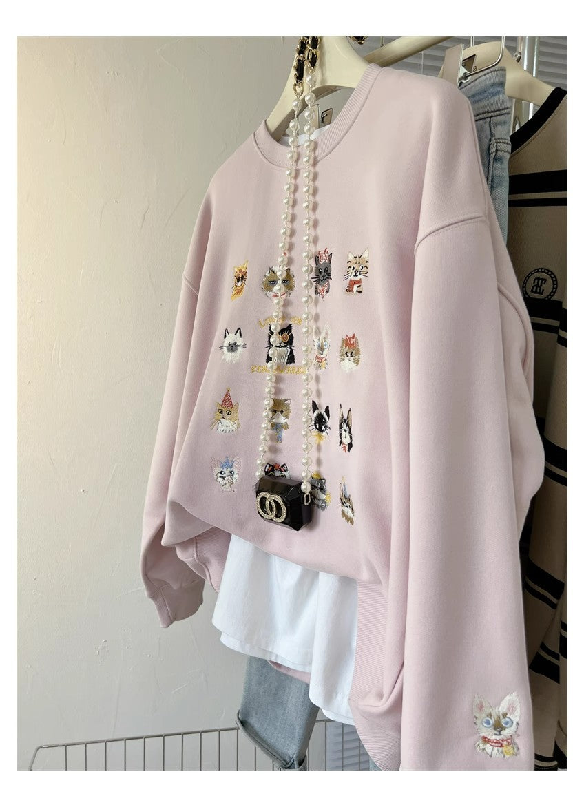 Full Printed Kitten Embroidery Street Fashion Women's Sweater Coat
