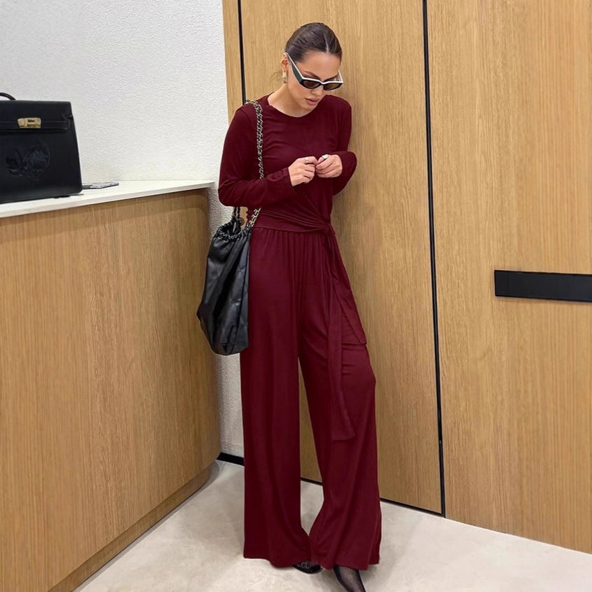 European And American Elegant Wine Red Knitted Top Suit
