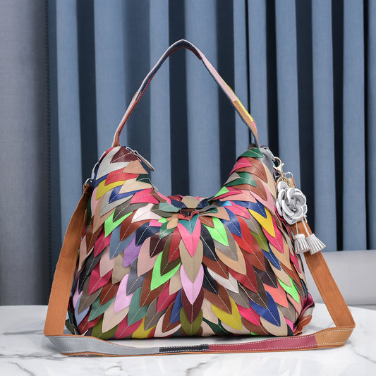 Women's Fashion Large Capacity Soft Leather Leaf Stitching Shoulder Bag