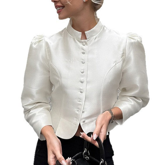 Women's Stand Collar Puff Sleeve Elegant Shirt