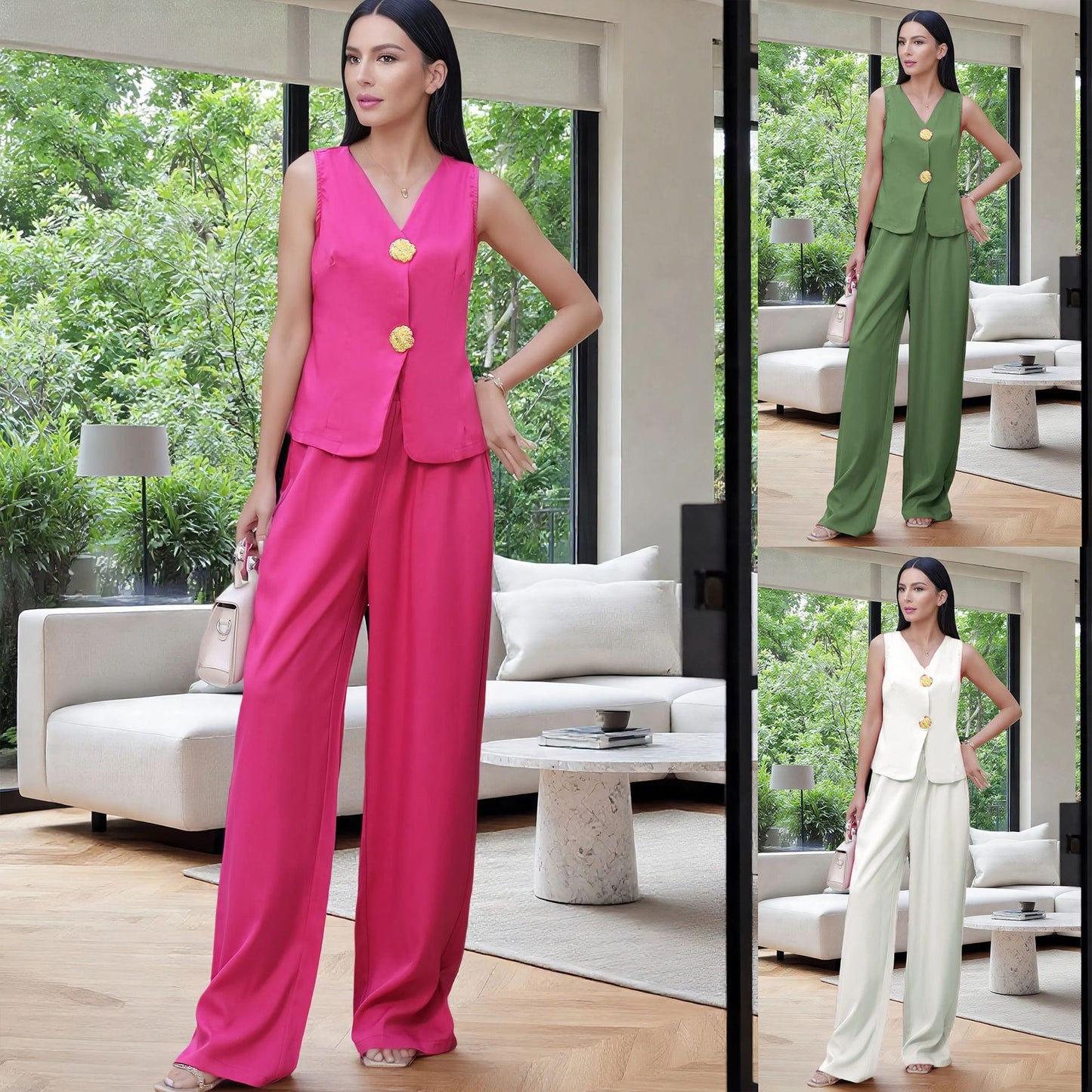 Women's Fashion Button Vest Pants Casual Two-Piece Set