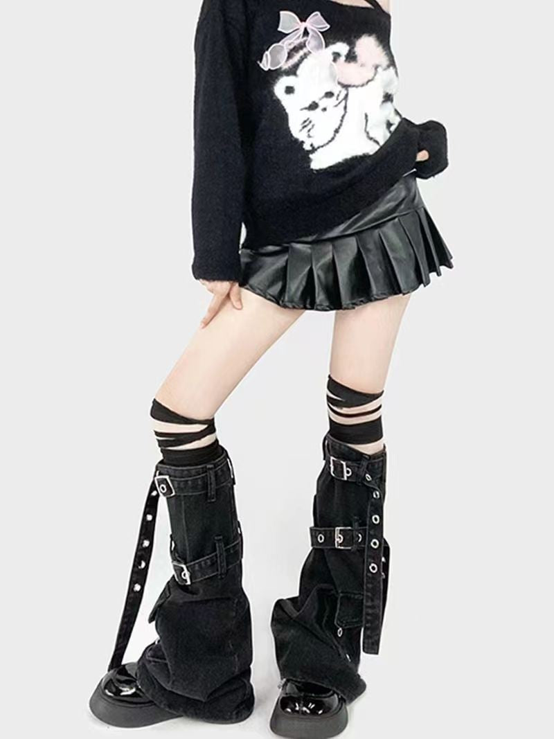 Metal Buckle Strap Workwear With Pocket Denim Leg Warmer