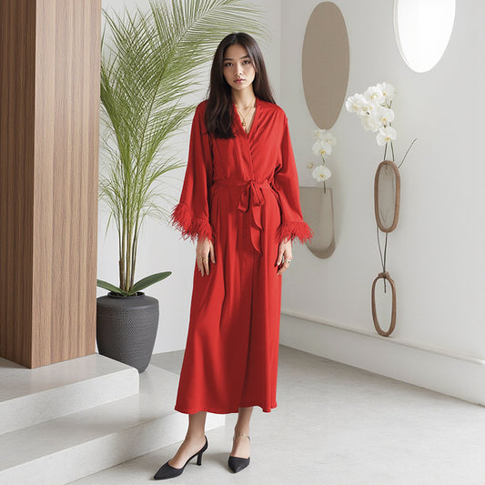 Sexy Satin Velvet And Ice Silk Pajamas With Feathers Camisole Robe And Long Pants Loungewear