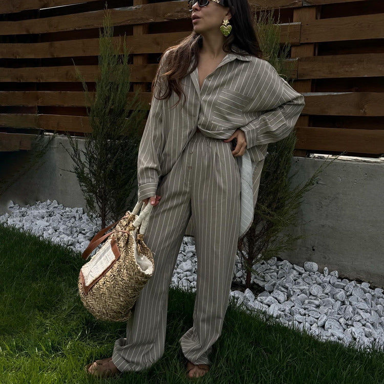 New Stylish Striped Set Loose-fitting Long-sleeve Shirt And Wide-leg Pants