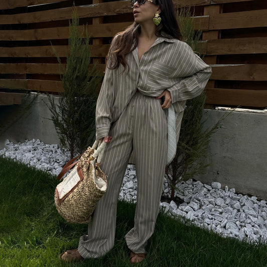 New Stylish Striped Set Loose-fitting Long-sleeve Shirt And Wide-leg Pants