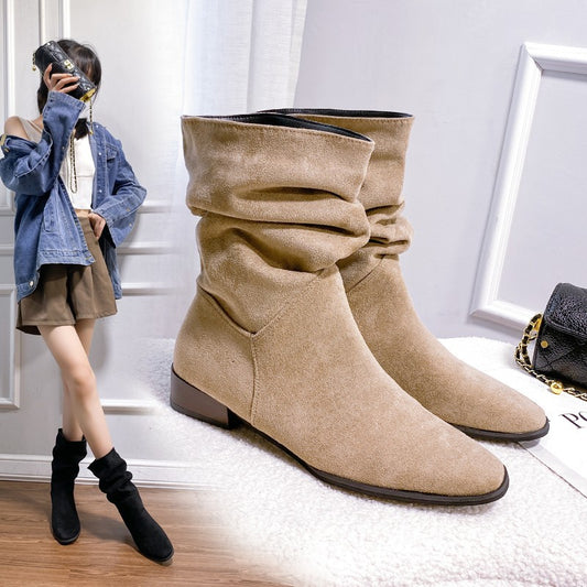 Pointed Toe Retro Middle Boots Simple Thick Heel Below The Knee