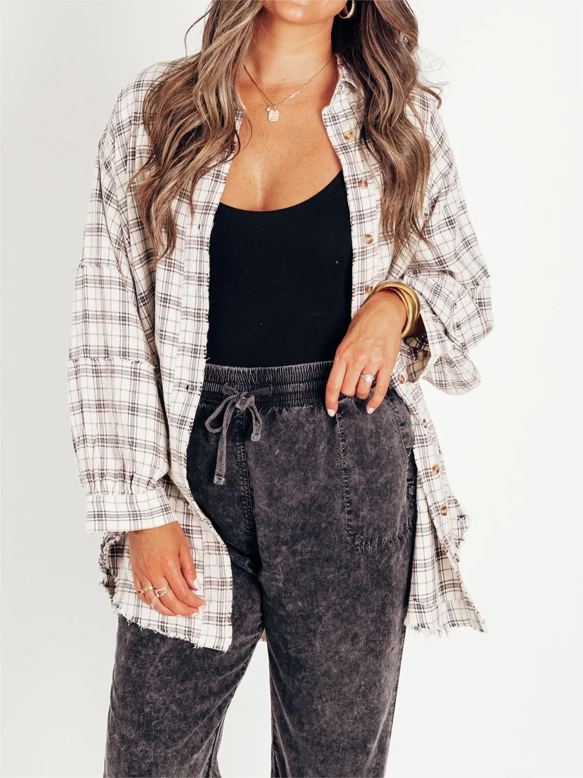 Tassel Long Sleeve Top Loose Casual Plaid Shirt Coat