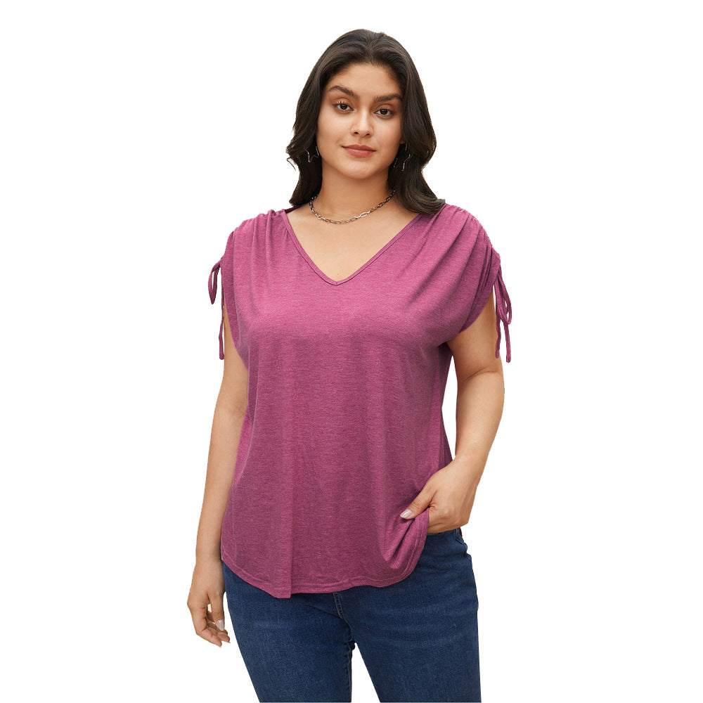 New Drawstring Vest V-neck Solid Color Casual Loose Short-sleeve T-shirt