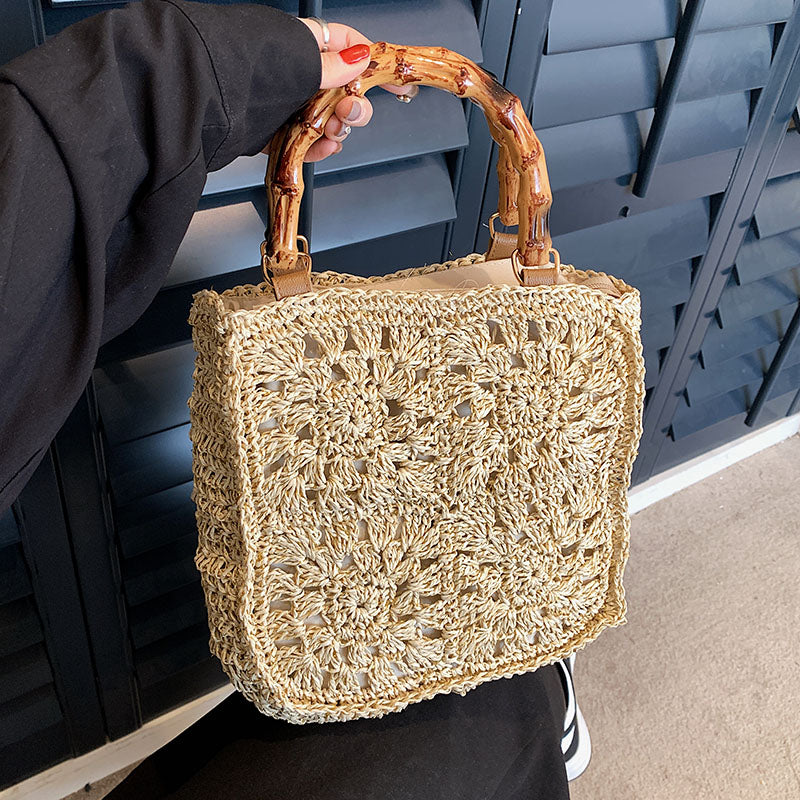 Summer Square Hollow Out Straw Bag Handmade Woven Bamboo Handle Large Capacity