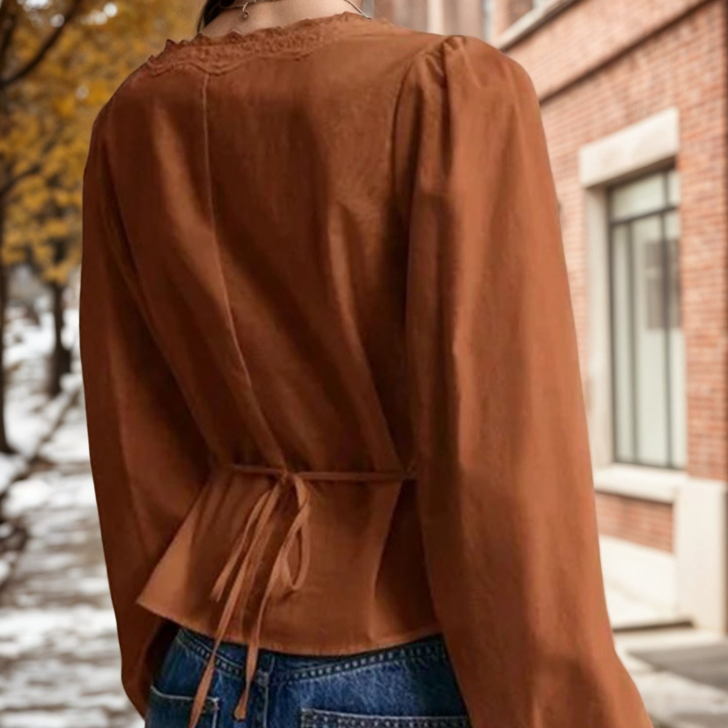 Lace-trimmed Long-sleeve Shirt With Multiple Buttons