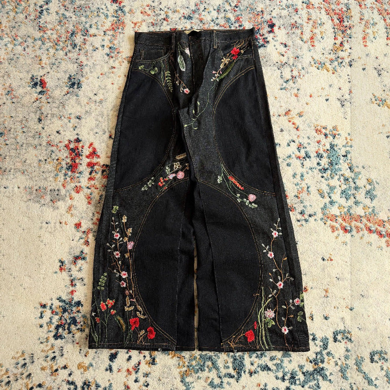 Stitching-design Floral-embroidered Jeans
