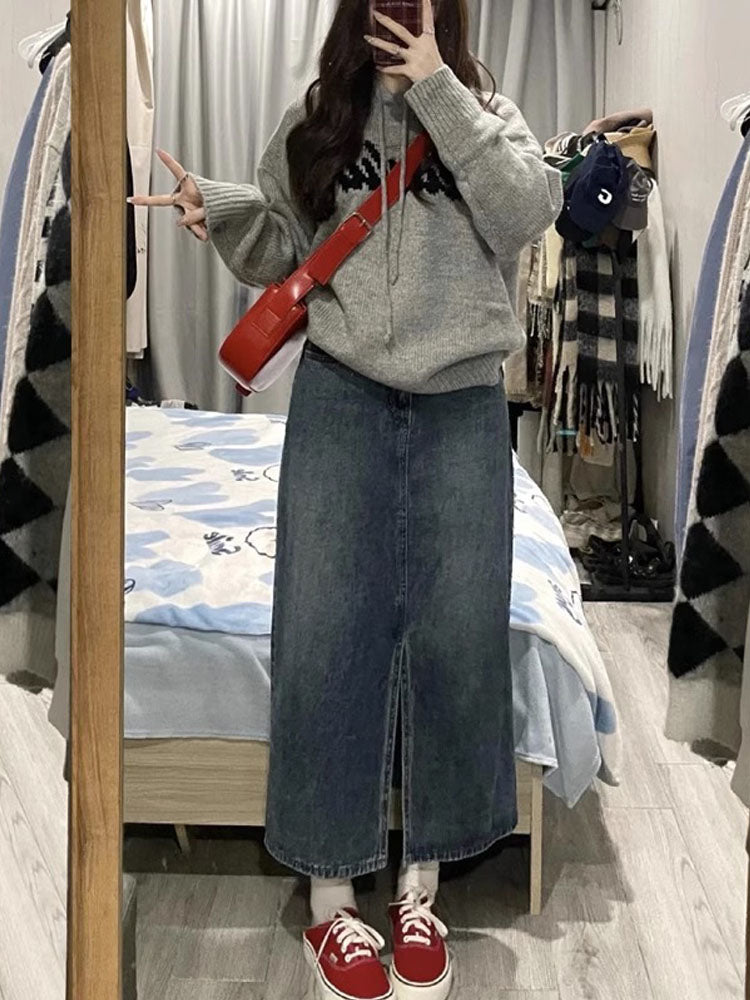 Retro Denim Skirt Fall Pear Shapes Split Straight