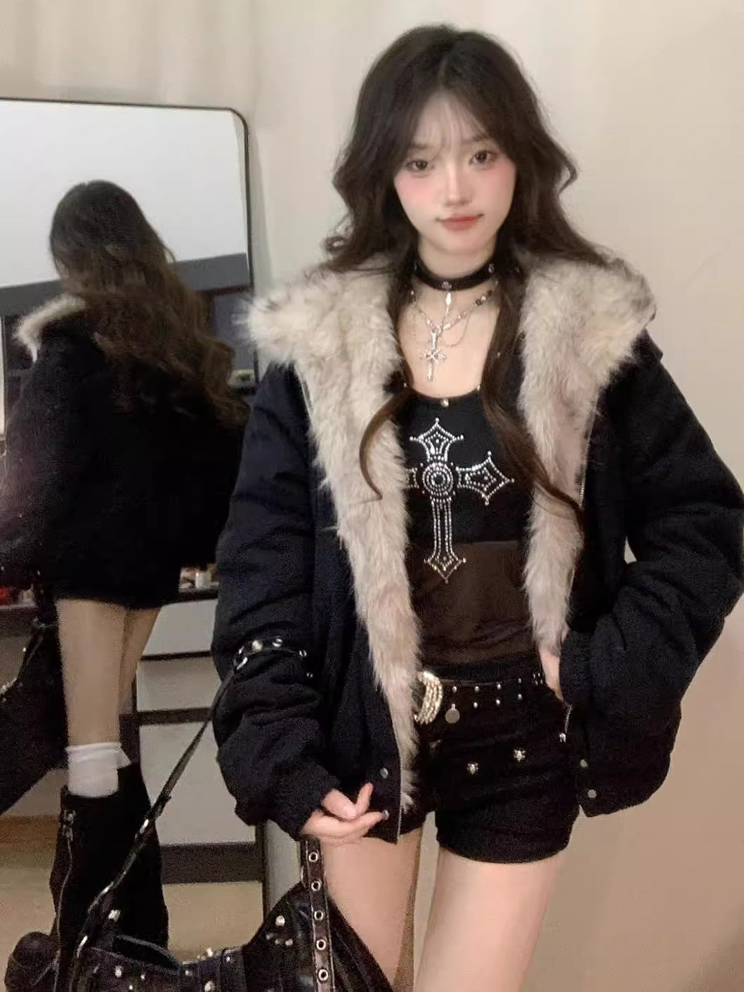 Thickened Fur Collar Hood Cotton-padded Coat For Women