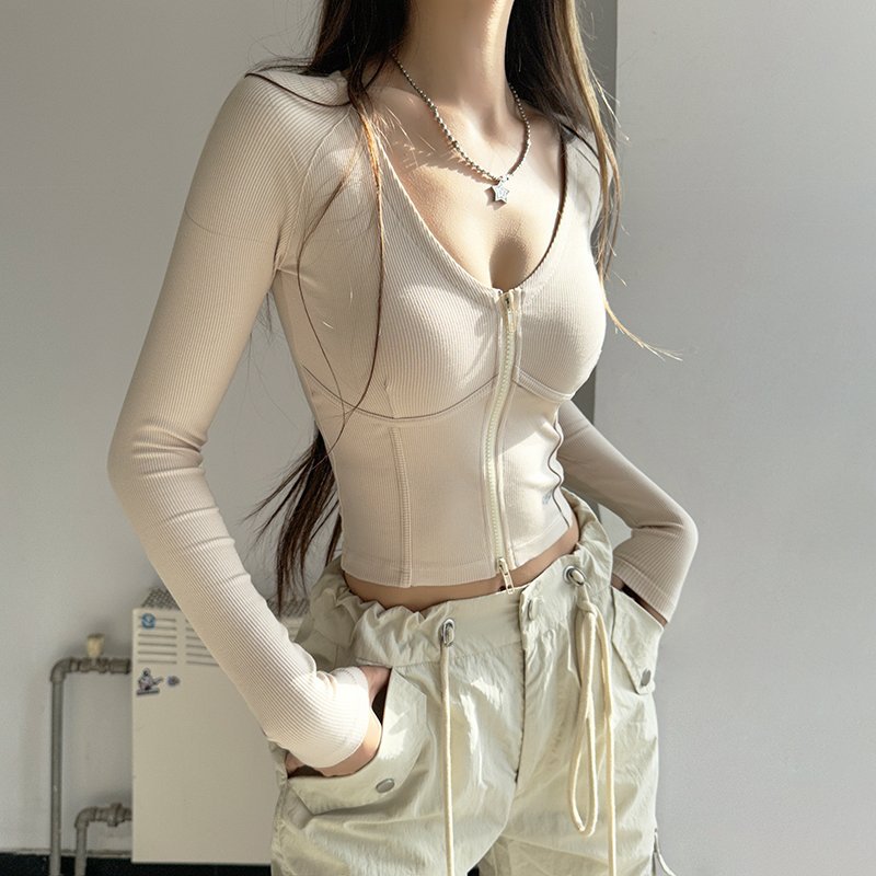Women's Casual Solid Color Zipper Fishbone V-neck Long Sleeved Shirt