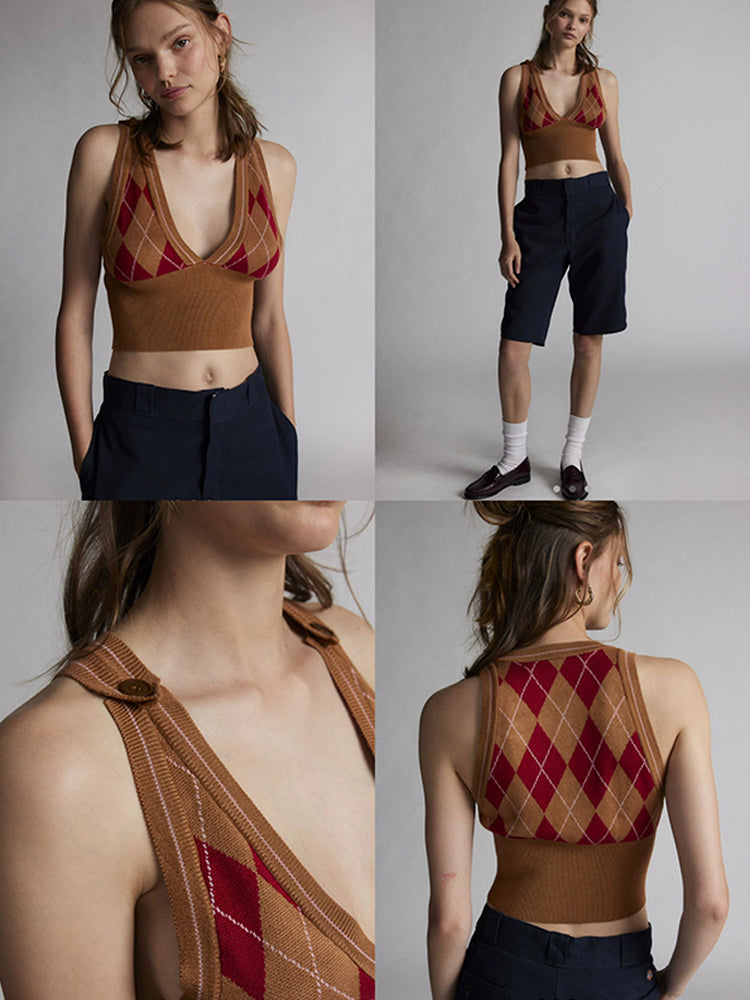 Retro Diamond Short Woolen Vest