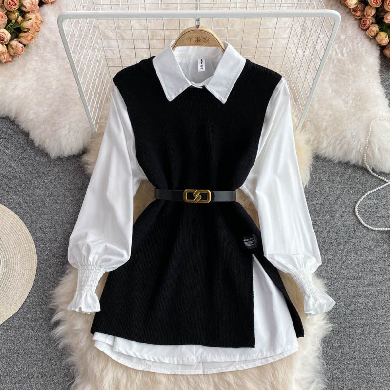 Slit Knitted Vest Shirt Western Style Youthful-looking Two-piece Set