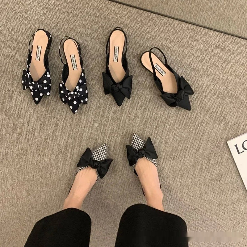 French-style Pointed-toe Bow-embellished Closed-toe Sandals For Women
