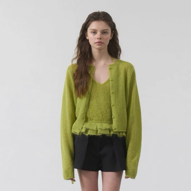 Lace-trimmed Solid-color Skin-friendly Knitted Cardigan And Camisole Two-piece Set For Women
