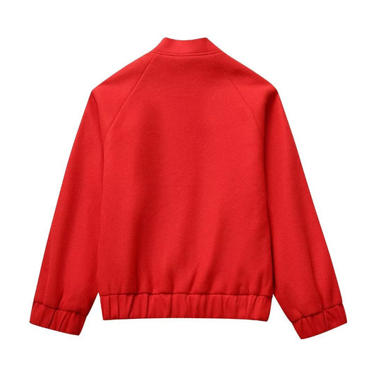 Red Stand-up Collar Fashion Casual Woolen Baseball Uniform Jacket