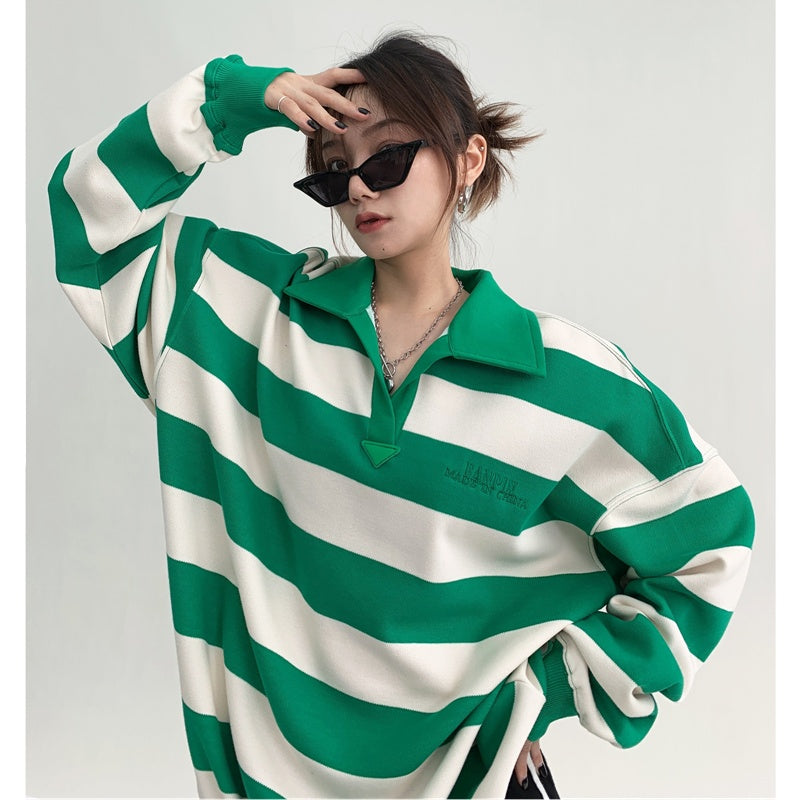 Herre Unisex Revers Stribet Broderet Sweatshirt